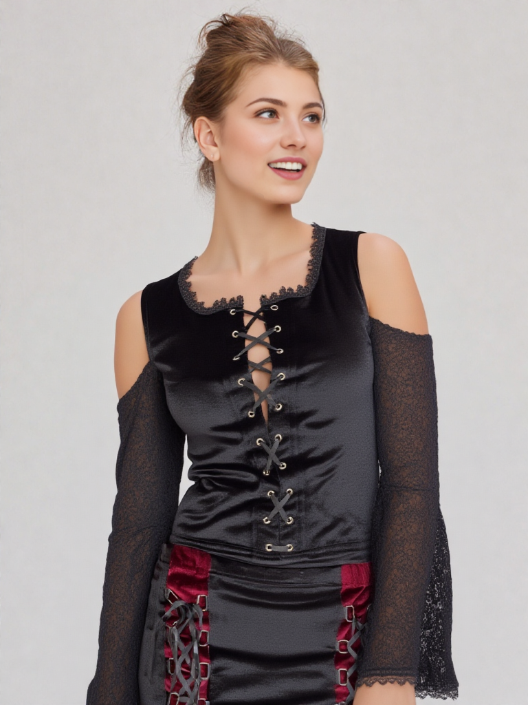 Samtshirt Schnürung Spitzenärmel off shoulder Gothic schwarz Gr. 34-38