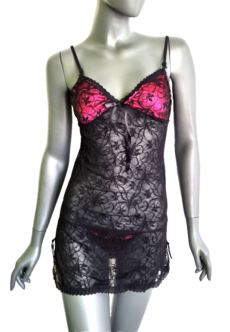 Sexy Negligee Set Mini Kleid String Spitze schwarz pink Gr.34,36,38