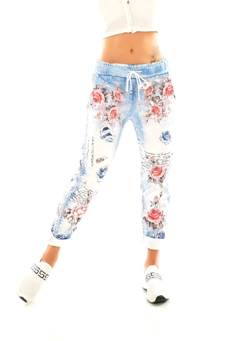 Italy Joggpants Print blau weiss Rosen stretch Gr.34-38
