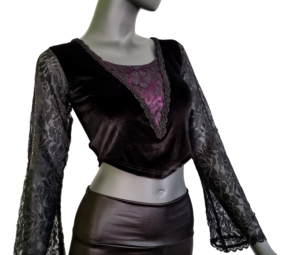 Bäres Kurztop SamtSpitze Gothic Punk Victorian schwarz-lila  Gr.34-38