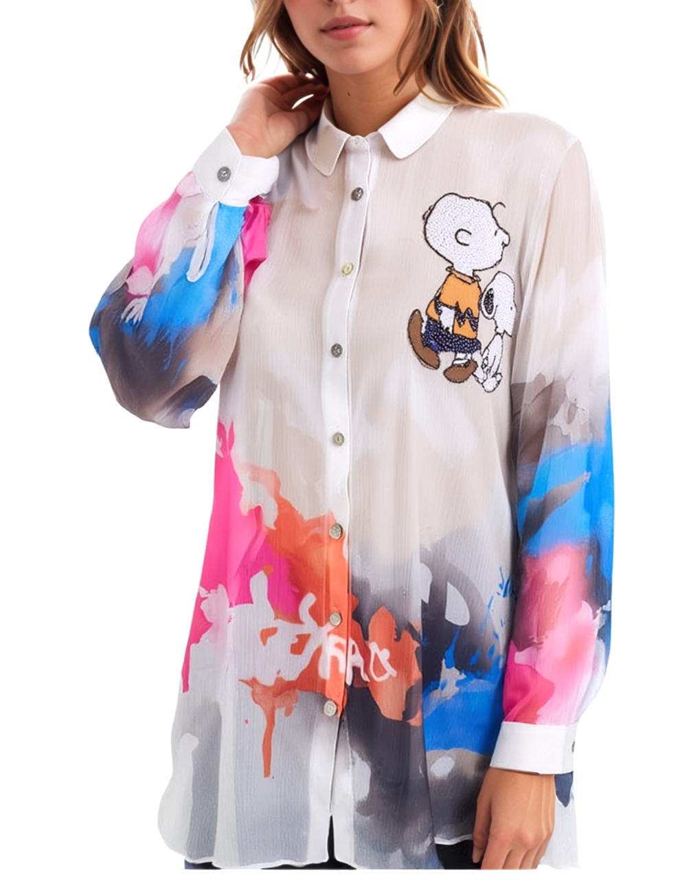 Missy Bluse Peanuts Print Nieten color batik halbtransparent Gr.S,M,L,XL