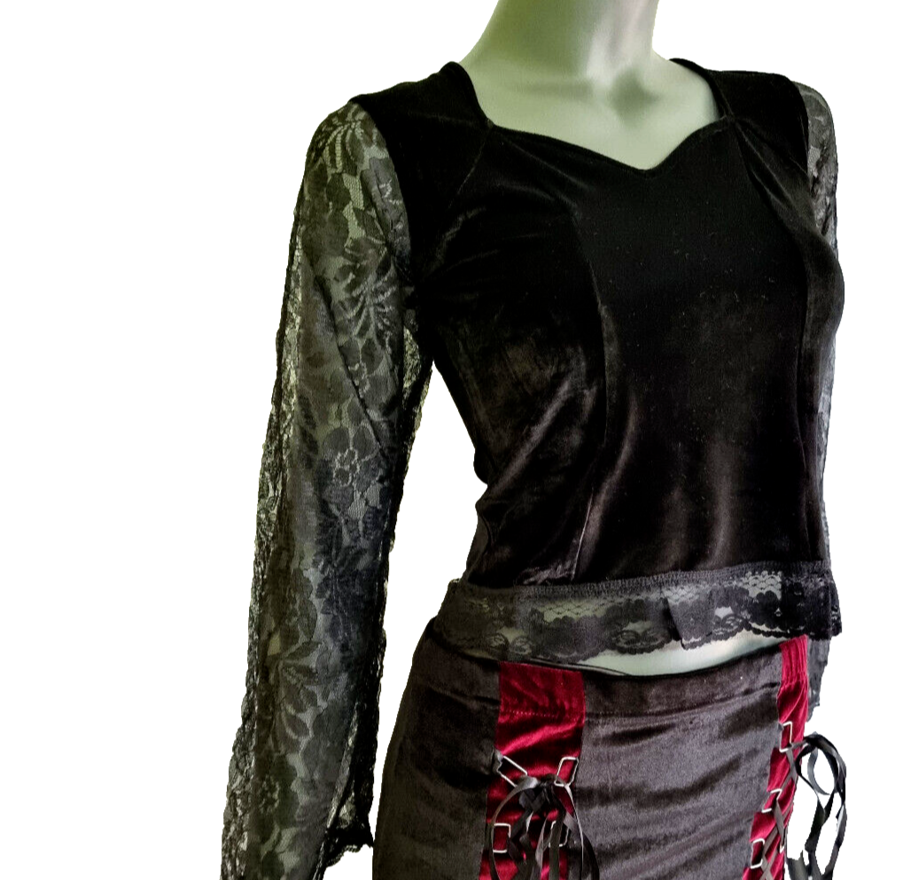 Samtshirt Spitzenärmel Gothic Medieval victorian Larp schwaz bordeaux Gr. 36/38