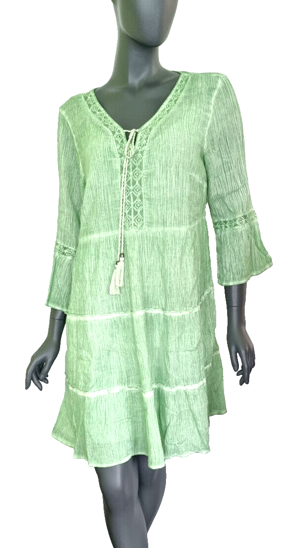 Tunikakleid grün Kreppkleid oil dyed Ibiza Boho Spitze Gr.40
