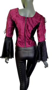 SamtBluse Miederbluse Gothic Larp Witch Medieval schwarz-bordeaux Gr. 36-40