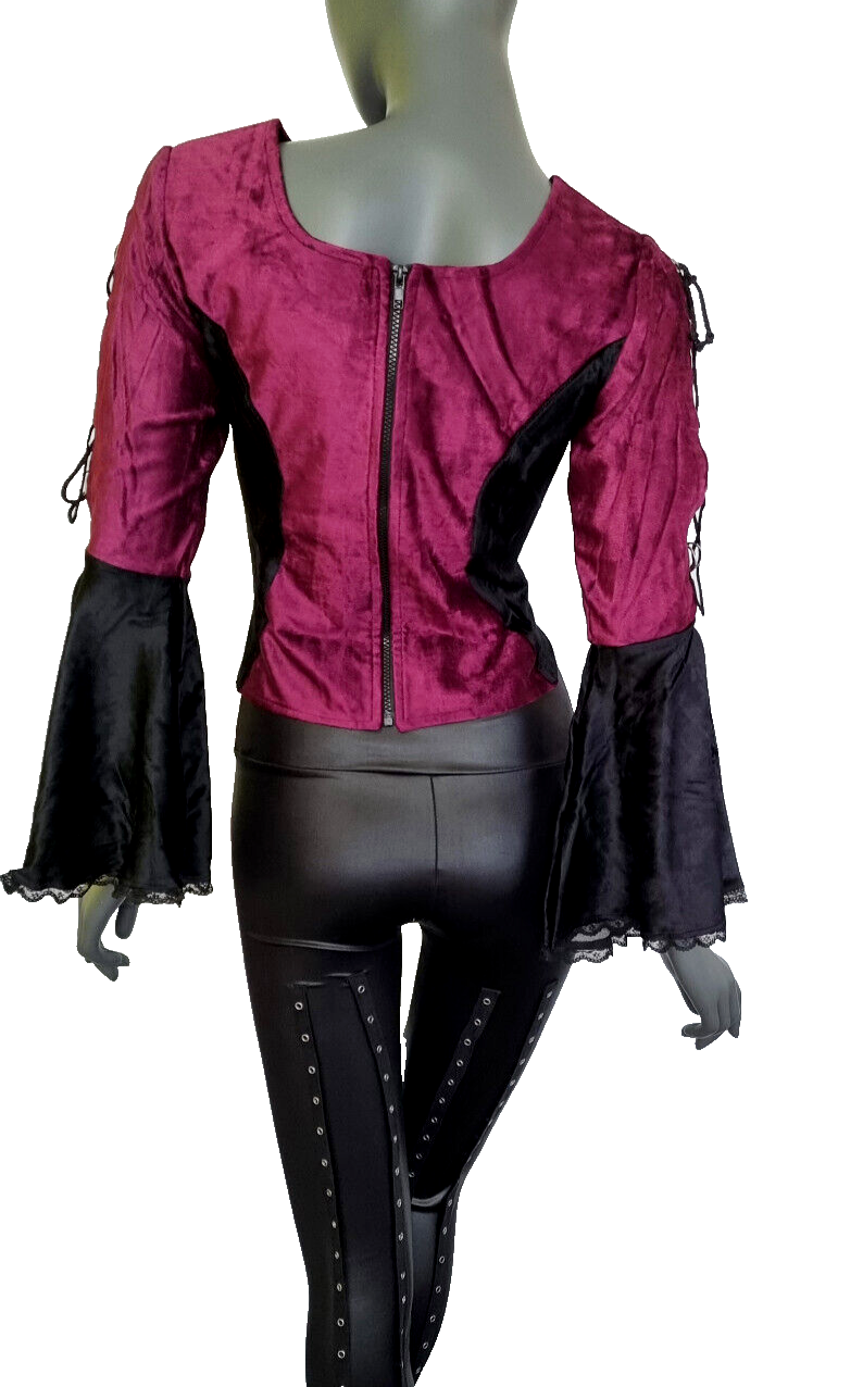 SamtBluse Miederbluse Gothic Larp Witch Medieval schwarz-bordeaux Gr. 36-40