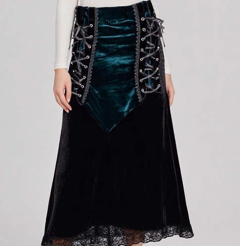 Maxirock Samt Corsagenlook Gothic Witch Punk Country schwarz-blau Gr.44-46