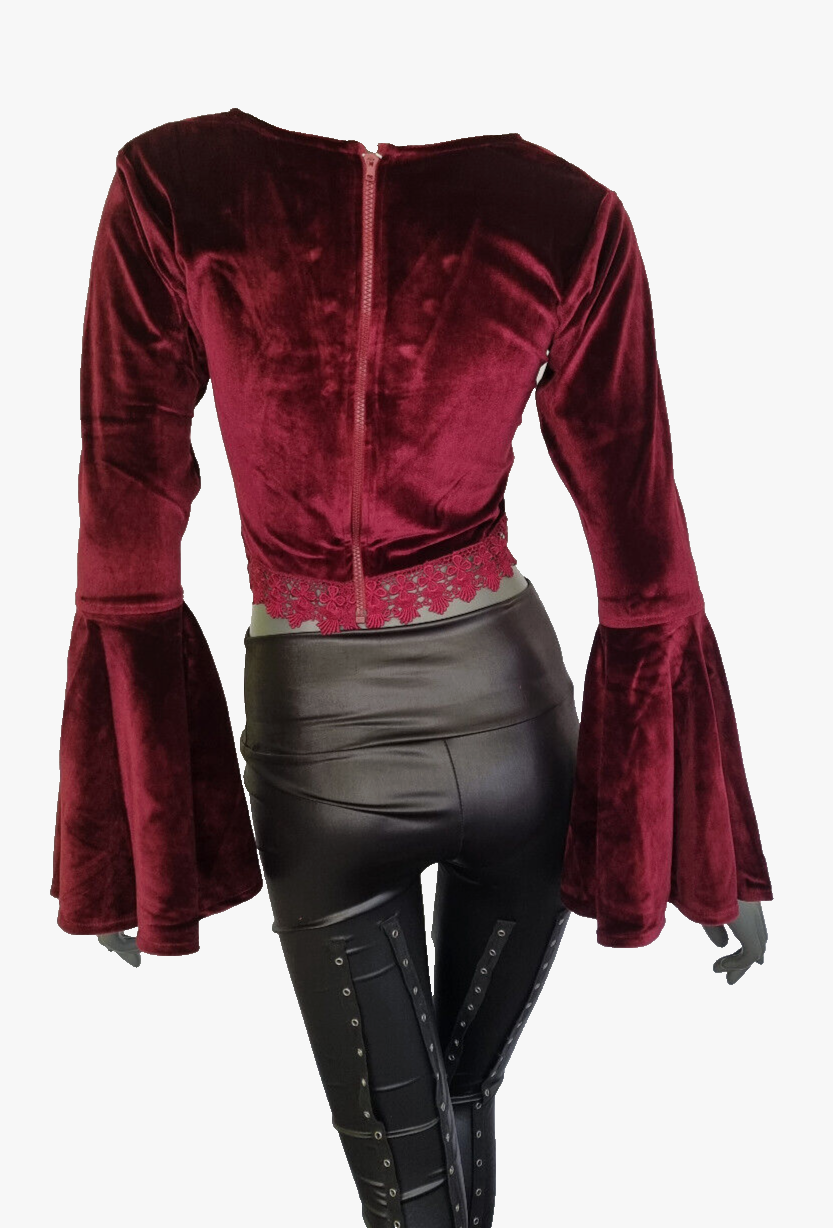 SamtBluse  Gothic Larp dark Witch Medieval  Spitze schwarz Glockenärmel 36-40