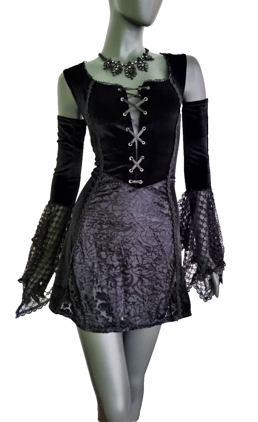 Bäres Samt Longshirt Kleid Gothic  Witch Medieval Punk schwarz Spitze  Gr.38-42