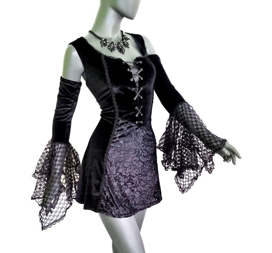 Bäres Samt Longshirt Kleid Gothic Witch Medieval Punk schwarz Spitze Gr.38-42