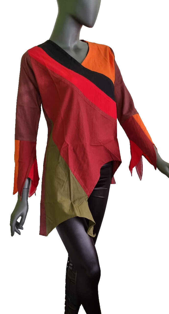 Damen Top Ethno Nepal Hippie Boho Patchwork braun-rot asymetrisch Gr.34-38