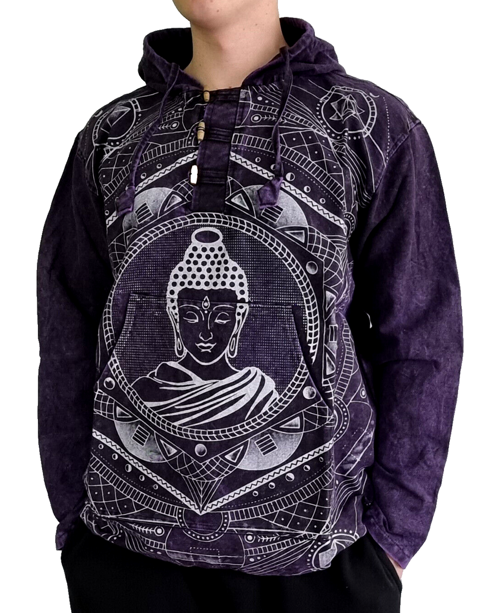 Buddha Herren Hemd-Shirt Nepal Ethno Hoodie Nepal Knebelverschluss Gr. L/XL