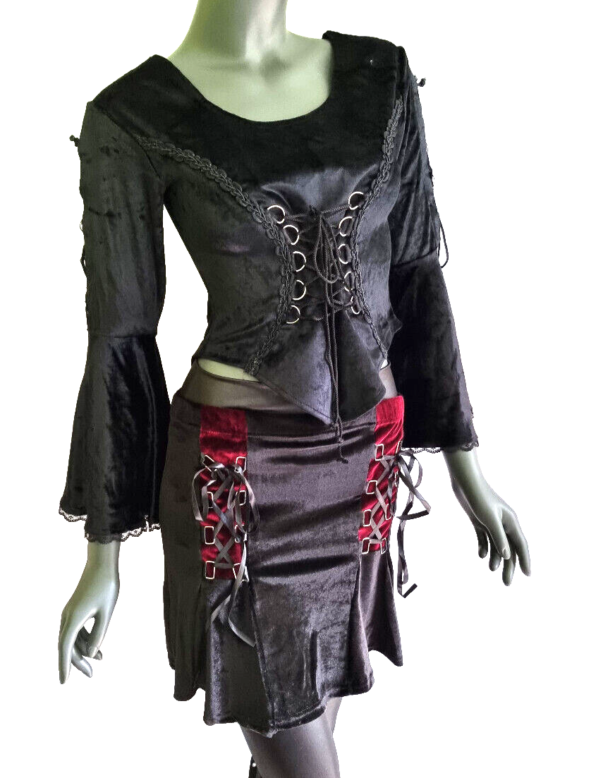 SamtBluse  Miederbluse Gothic Larp Witch Medieval schwarz-bordeaux Gr. 36-40