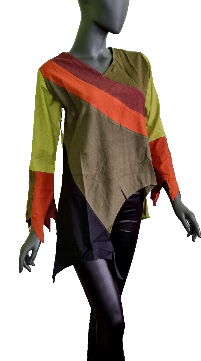 Damen Top Ethno Nepal Hippie Boho Patchwork braun-rot asymetrisch Gr.34-38