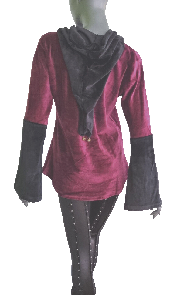 Gugel Nickisamt Sweater Gothic Witch Medieval Larp bordeaux-schwarz Gr.36-42