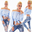 Zeige Bild Sexy Crop Top Bluse Carmen bauchfrei maritim Blockstreifen Bandeau Gr.34-40 2