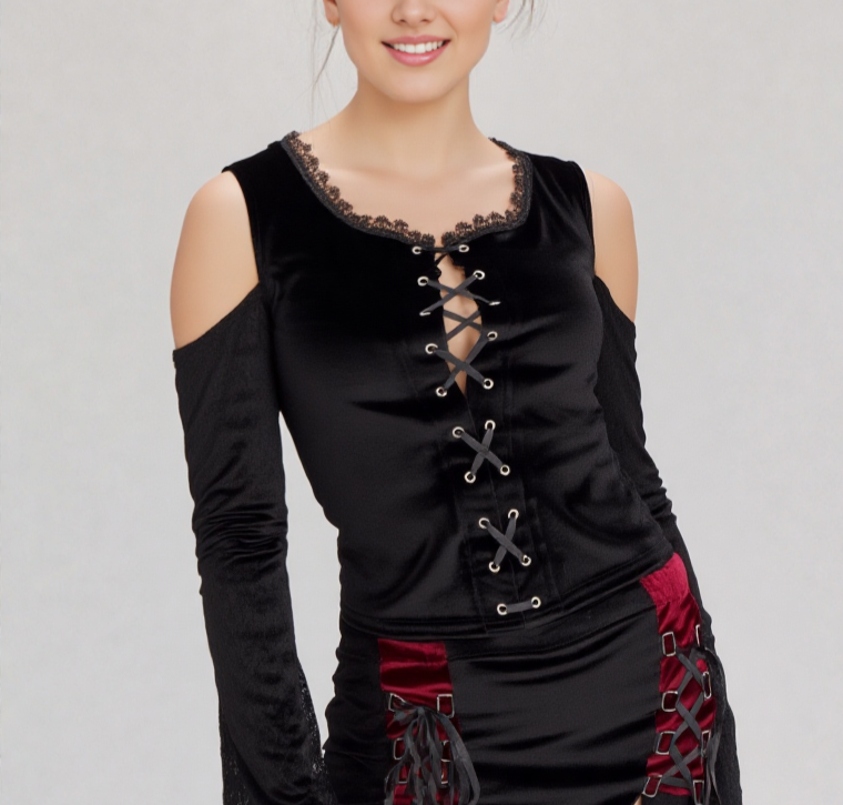 Samtshirt Schnürung Spitzenärmel off shoulder Gothic schwarz Gr. 38-42