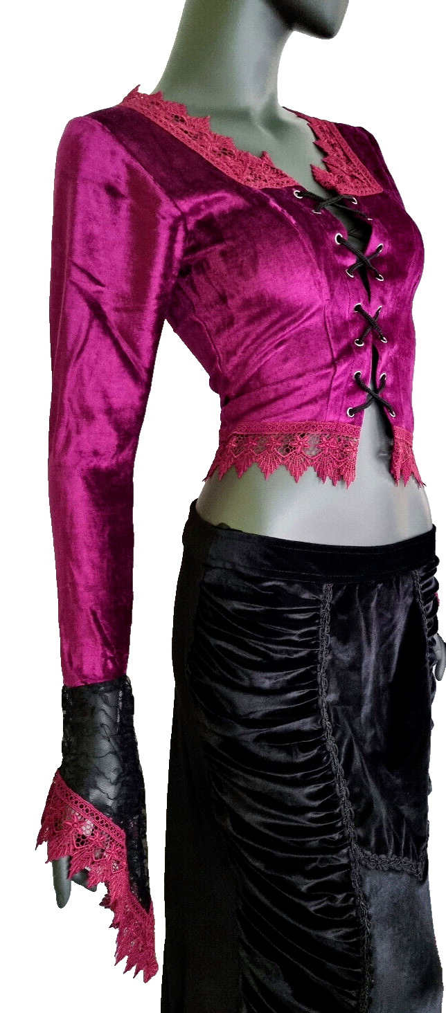 Samtbluse Schnürung  Spitze Gothic Victorian Barock Zipfelärmel Gr.36/38
