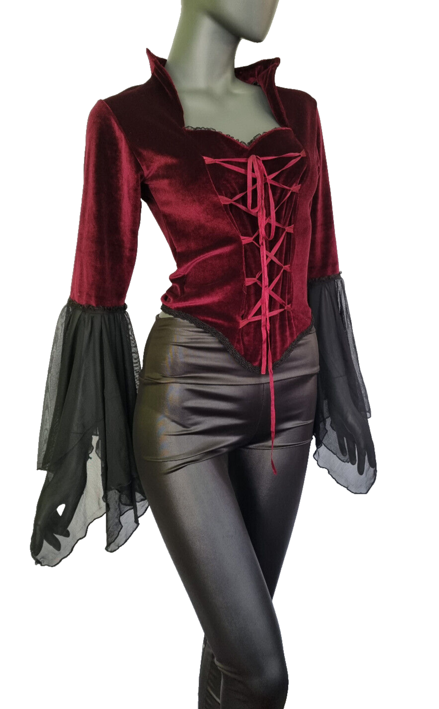 SamtBluse  Gothic Larp dark Witch Medieval Mieder Vampir Stehkragen Gr.34-38