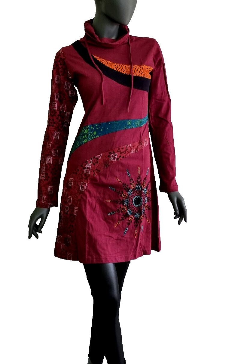 Longsleeve Kleid Nepal Patchwork Ethno  Hippie Boho blau Gr. 34/36 kl.38