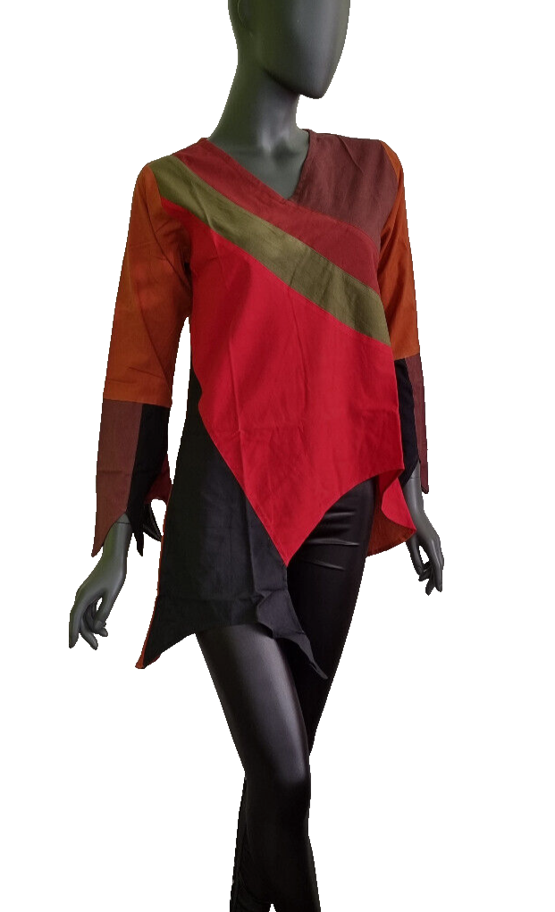 Damen Top Ethno Nepal Hippie Boho Patchwork braun-rot asymetrisch Gr.38-40