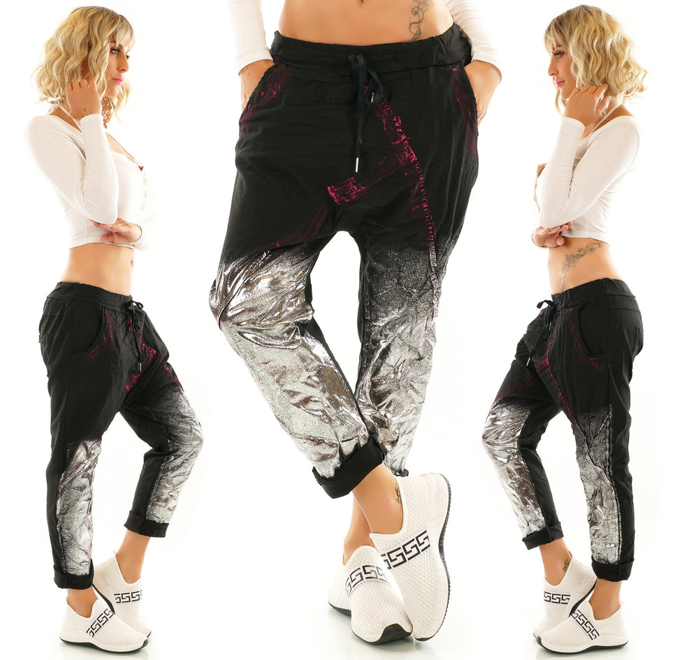 Italy Joggpants Print schwarz silber stretch Baggy Gr.34-38