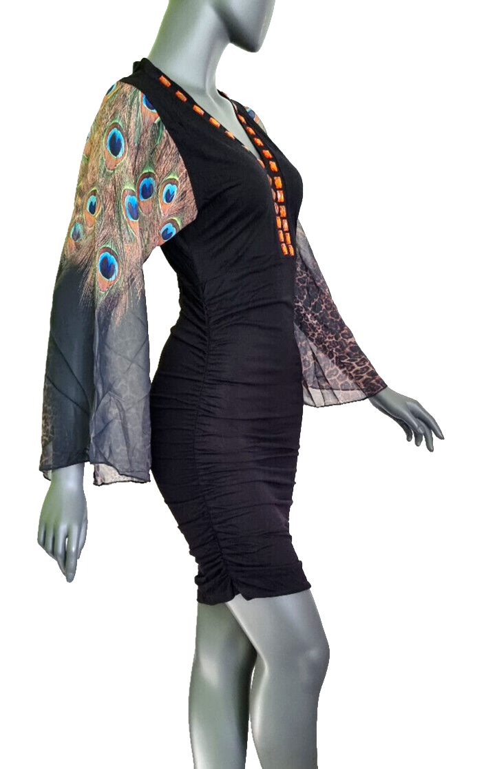 Melrose Peacock Mini-Kleid Longshirt Raffung Jersey Trompetenärmel Gr.38