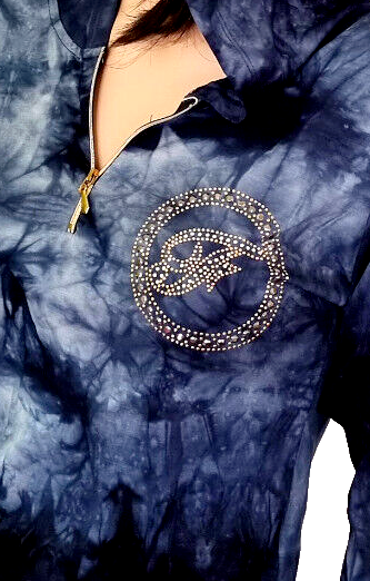 Batik Longshirt Minidress mit Nieten Ornament Kapuze blau Gr.34/36 36/38