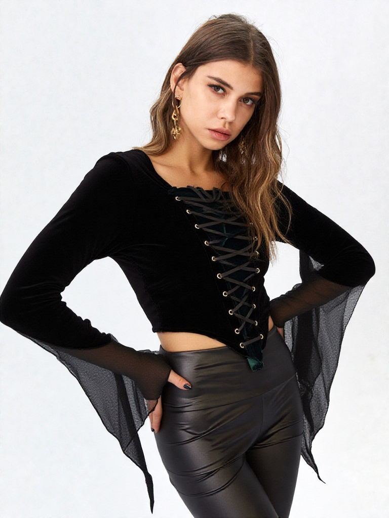 Samtbluse Miedershirt Gothic Witch Medieval schwarz grün Larp Gr.36/38