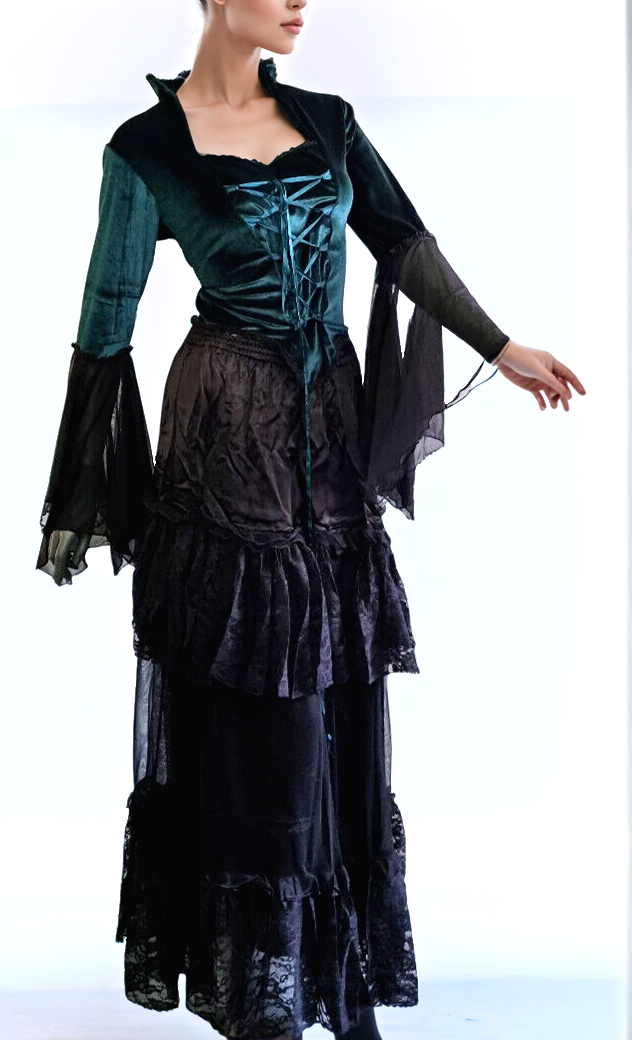 SamtBluse grün Gothic Larp dark Witch Medieval Mieder Stehkragen 38/40 kl.42