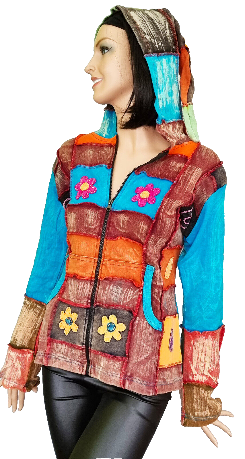 Gugel Zipfeljacke Goa Ethno Medieval Patchwork Hippie  Gr.38/40 kl.42