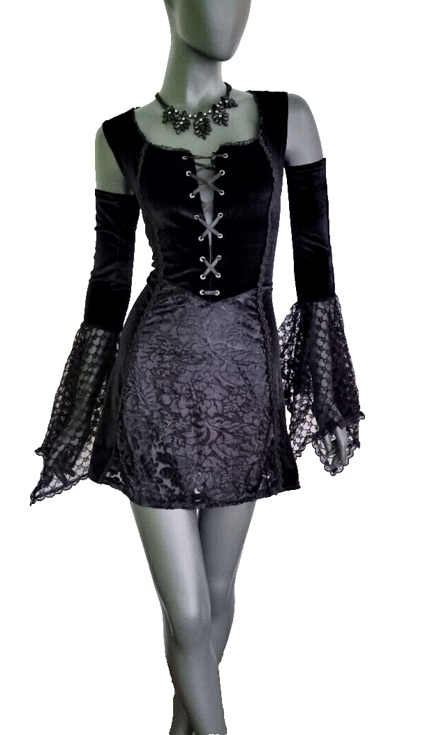Bäres Samt Longshirt Kleid Gothic  Witch Medieval Punk schwarz Spitze  Gr.38-42