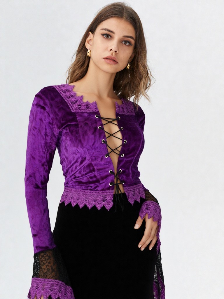 Samtbluse Schnürung Spitze Gothic Victorian Barock Zipfelärmel Gr.34/36 kl.38