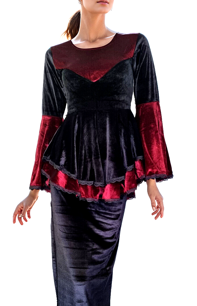 SamtTunika Gothic Witch Medieval Victorian schwarz-rot Larp Gr.34-38