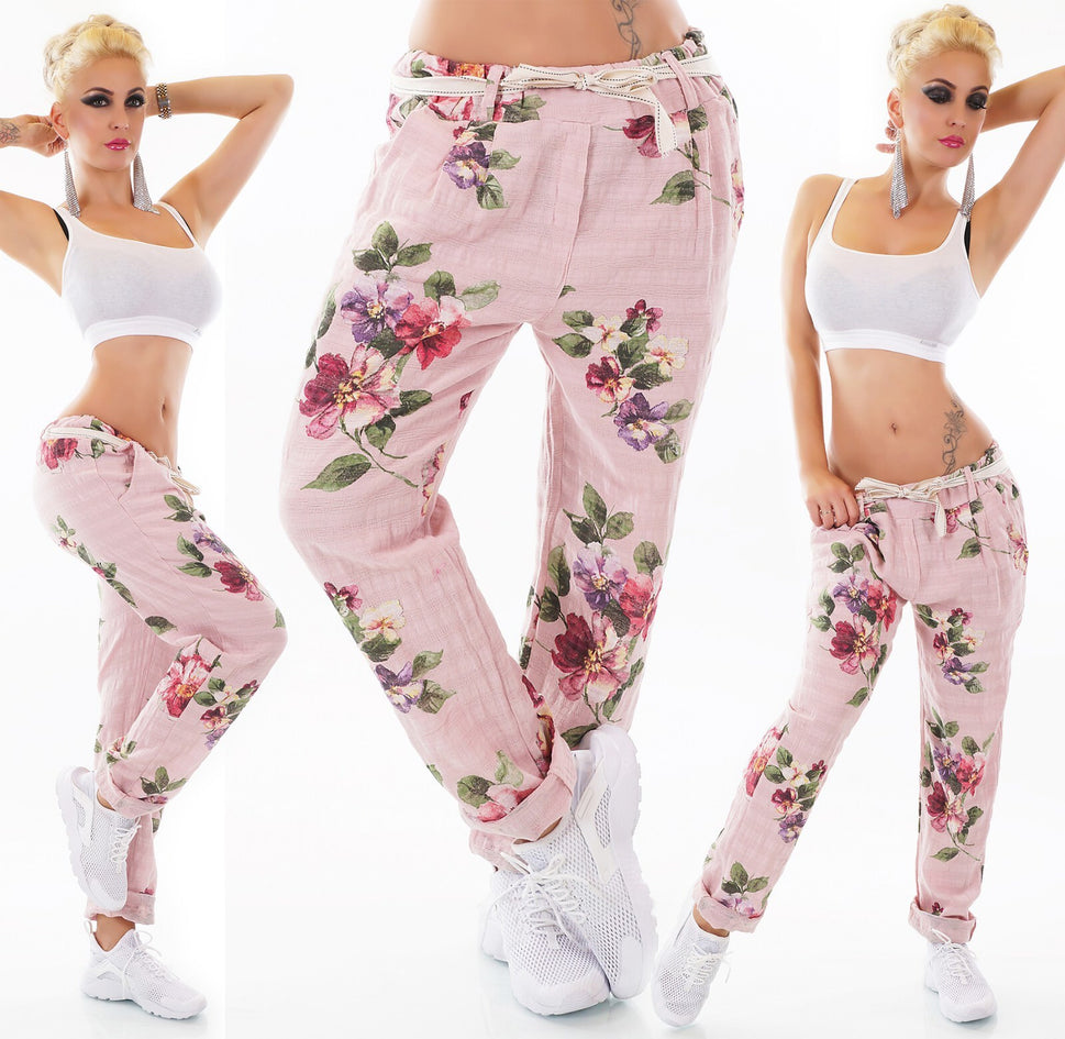 ITALY Damen Hose Blumen Boho Landhaus Leinen Look altrosa Gürtel 34-38