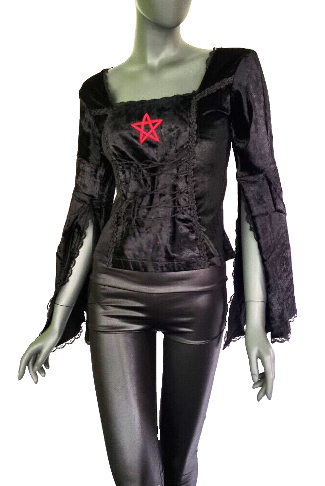 Gothic Samt-Bluse  schwarz Pentagramm Witch Dark role-playing Gr.34-38