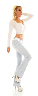 Zeige Bild Damen Hüft Bootcut Jeans Hose Schlaghose Stretch Denim Slim Fit Gürtel XS-XL 2