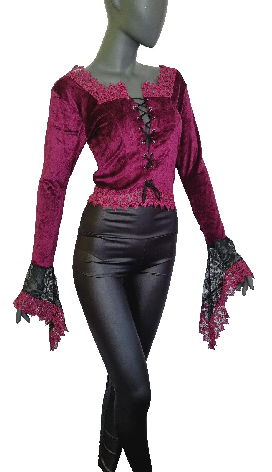 Kurz-Bluse Boho Ethno Gothic bordeaux lila Zipfel Corsagenschnürung 36-40