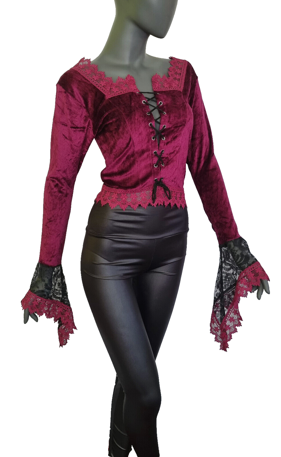 Kurz-Bluse Boho  Ethno Gothic  bordeaux lila Zipfel Corsagenschnürung 34-38