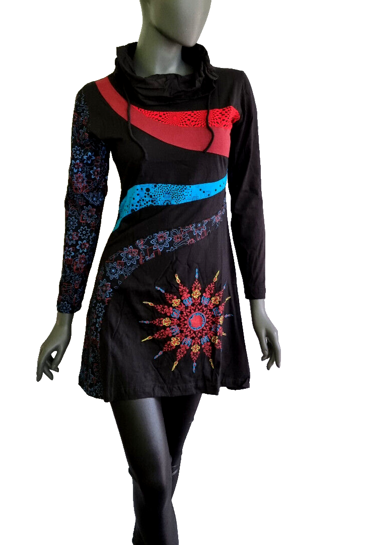 Longsleeve Kleid Nepal Patchwork Ethno Hippie Boho blau Gr. 34/36 kl.38