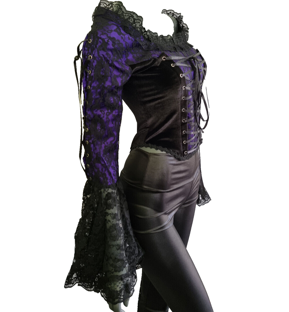 Samt Carmenbluse Mieder Spitze viktorian Barock Gothic Punk Corsagenbluse 34/36
