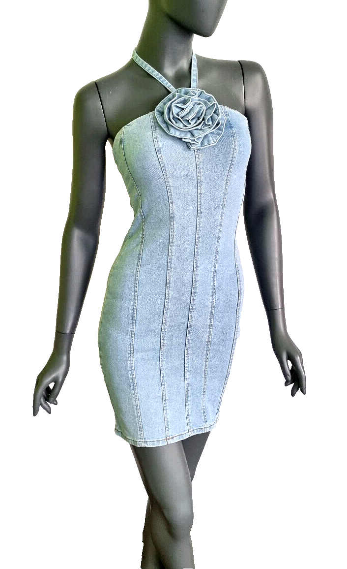 Laulia Paris Jeanskleid Neckholder mit Blüte  Gr.XS-XL
