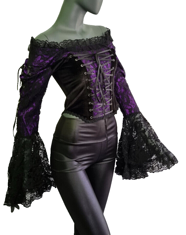 Samt Carmenbluse Mieder Spitze viktorian Barock Gothic Punk Corsagenbluse 34/36