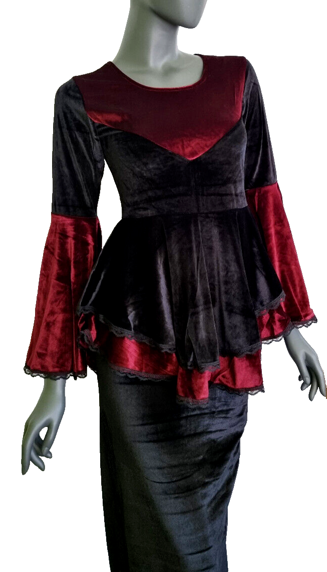 SamtTunika  Gothic  Witch Medieval Victorian schwarz-rot Larp Gr.34-38