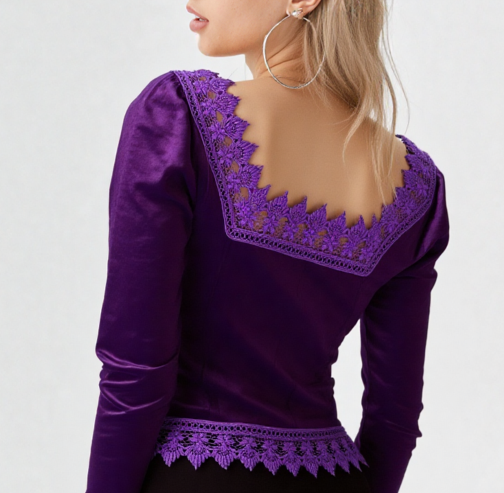 Samtbluse Schnürung Spitze Gothic Victorian Zipfelärmel lila Gr.34/36 kl.38