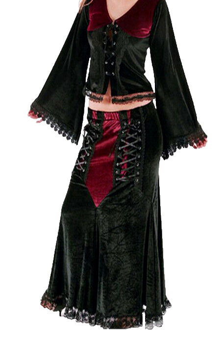 Maxirock Samt Corsagenlook Gothic Witch Punk Country schwarz-rot Gr.34-38