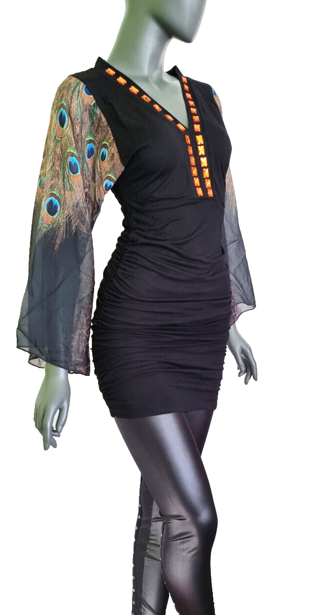 Melrose Peacock Mini-Kleid Longshirt Raffung Jersey Trompetenärmel Gr.34