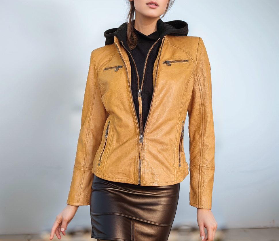 Gipsy Mauritius Lederjacke mit Sweat Hoodie Bikerjacke karamell Gr. L36-38