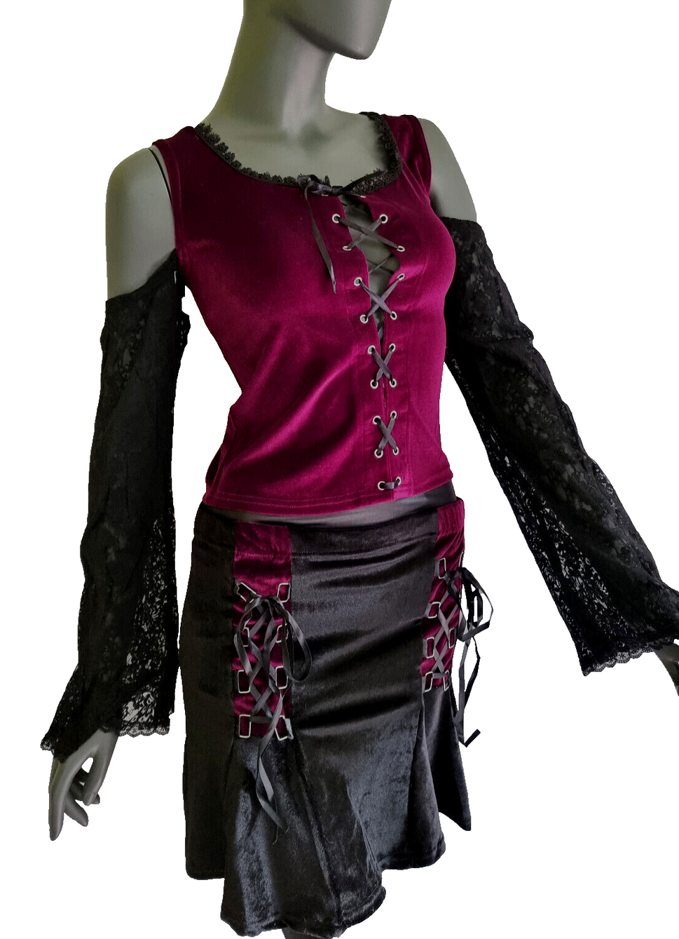 Samtshirt Schnürung Spitzenärmel off shoulder Gothic Gr. 38/40 kl.42