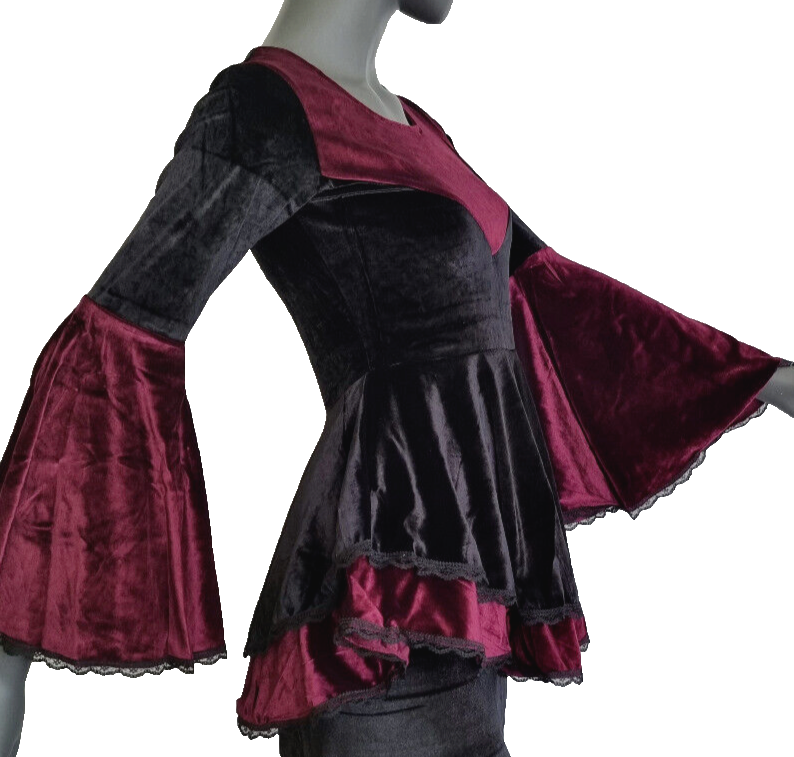 SamtTunika Gothic Witch Medieval Victorian schwarz-bordeaux Larp Gr.34-38