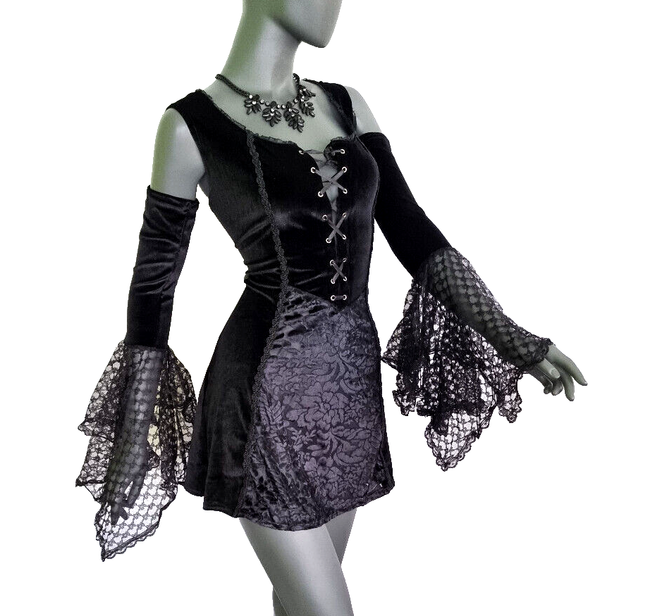 Bäres Samt Longshirt Kleid Gothic  Witch Medieval Punk schwarz Spitze  Gr.38-42